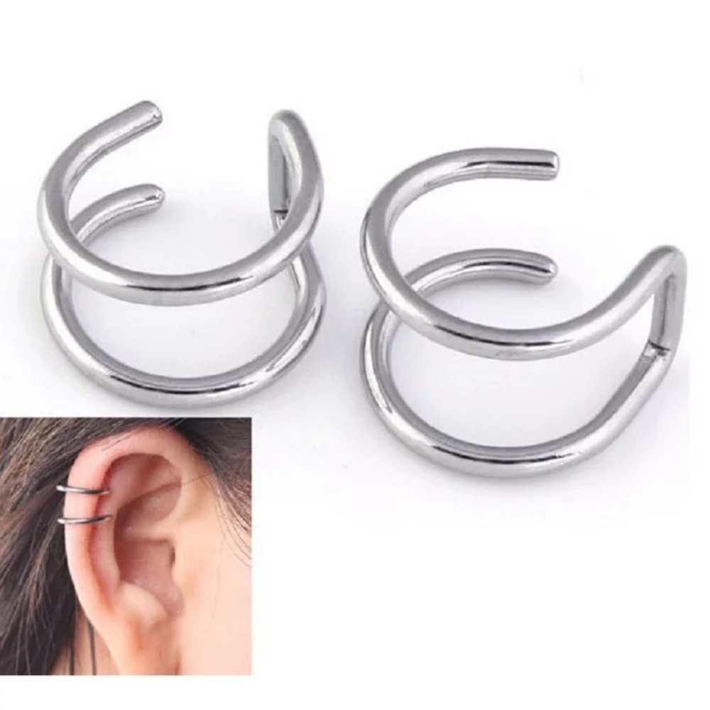 Pair of Double Ear Cuff Clip Earnings Gold Color - Picture 3 of 7